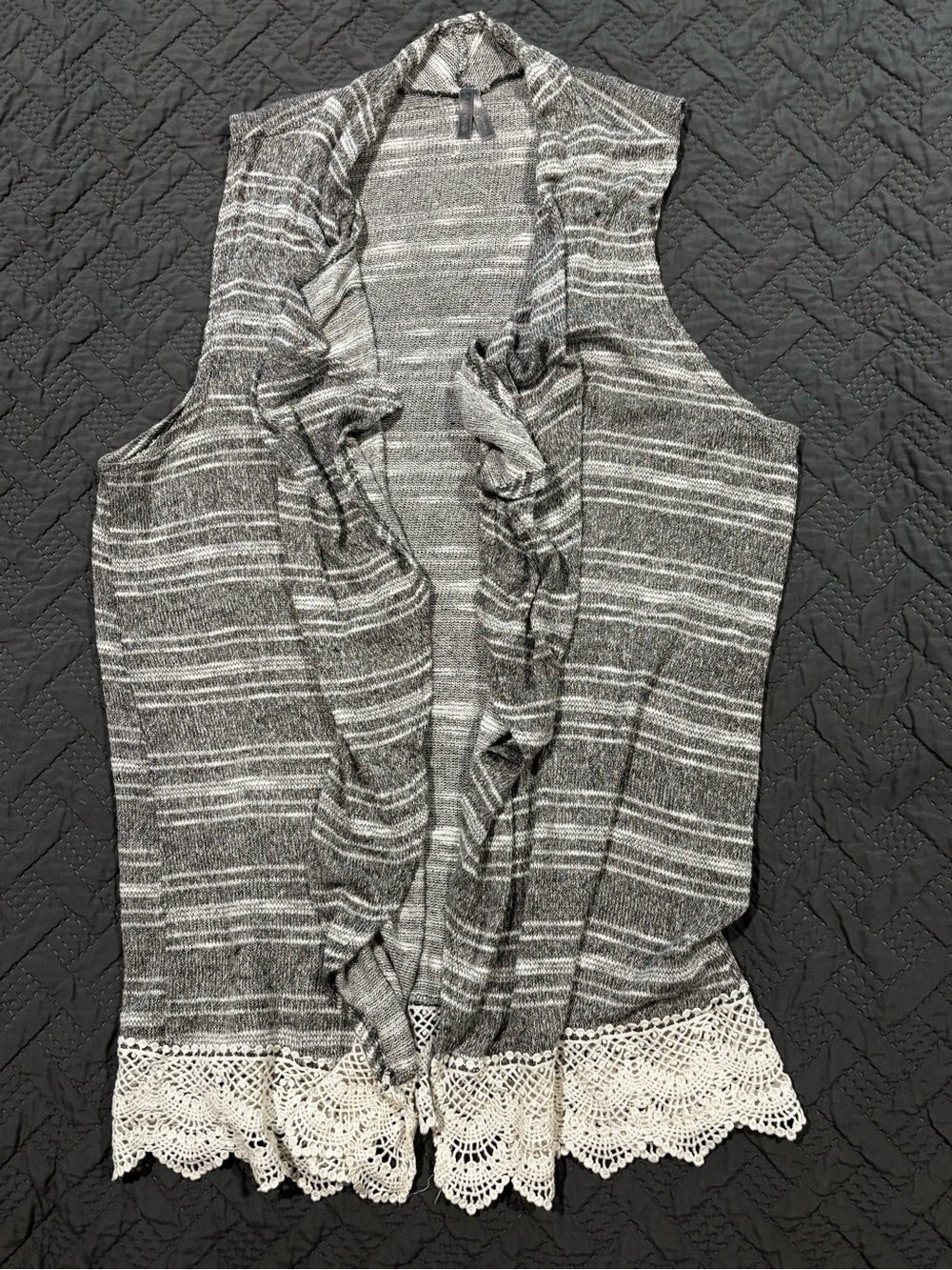 Vanity Gray & White Striped Ruffle Open-Front Tunic with Cream Crochet Hem
